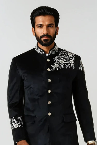 Mens Black Velvet Designer Embroidery Jodhpuri Bandhgala Suit Wedding Party  Reception Events Festive Wear