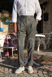 Men’s grey high-waist pleated buckle pants, formal and party wear