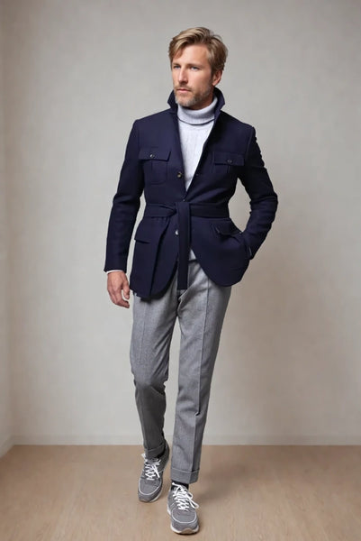 Men Navy Blue Shacket Stylish Safari Jacket Vintage Tweed