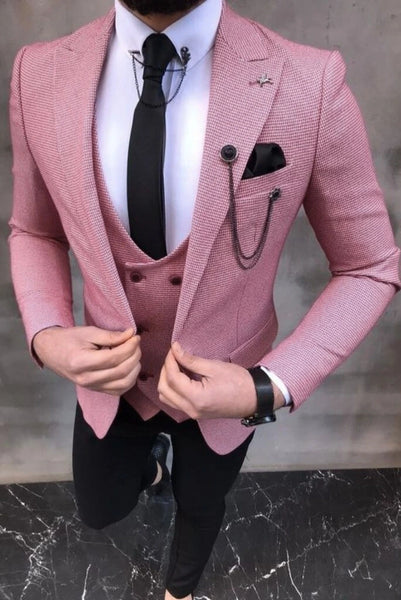 Men 3 Piece Suit Pink with Black | Wedding Slim Fit Suit | Party Wear Suits