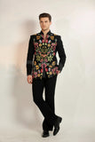 Men’s Floral Embroidered Bandhgala Two-Piece Suit (Front)