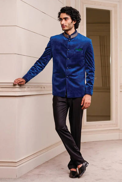 Men Royal Blue Velvet Embroidery Jodhpuri Suit for Wedding and