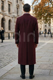 Burgundy long winter overcoat for men (back)