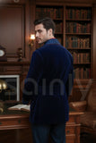 Men Navy Blue Velvet Quilted Smoking Jacket – Dinner Party Hosting Blazer Gift