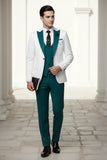 Men’s white and teal blue 3-piece groom suit (Front)