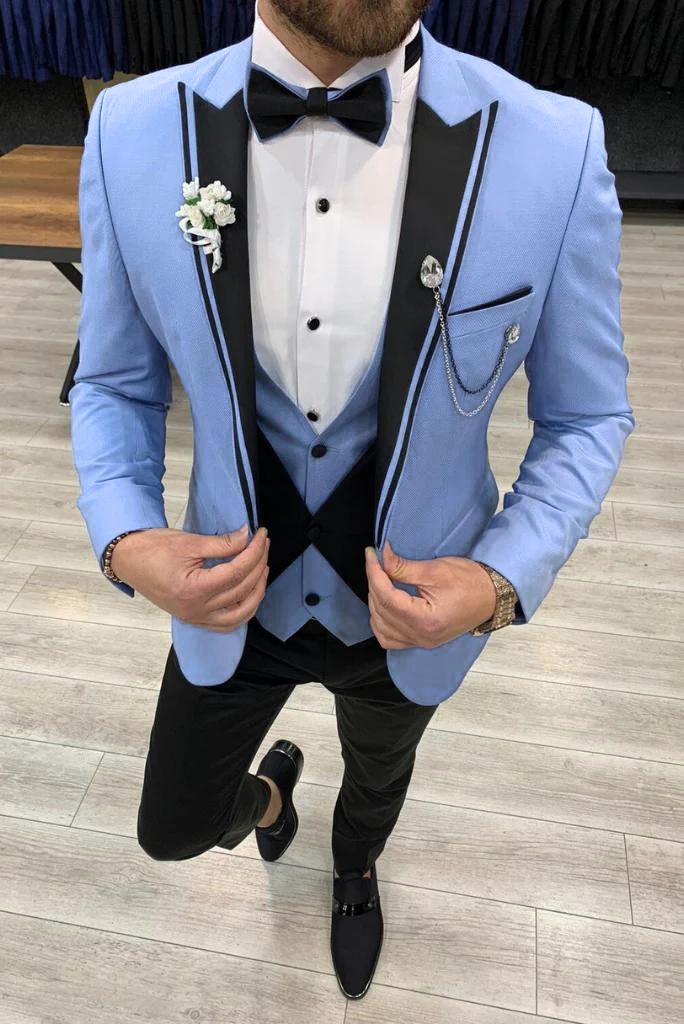 Men Sky Blue Tuxedo Suit Wedding Suit Slim Fit Suit Groomsmen Wear Bespoke Suit 3 Piece Men Suit