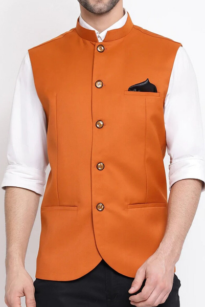 Men Orange Nehru Jacket Wedding Functions Wear Modi Half Jacket
