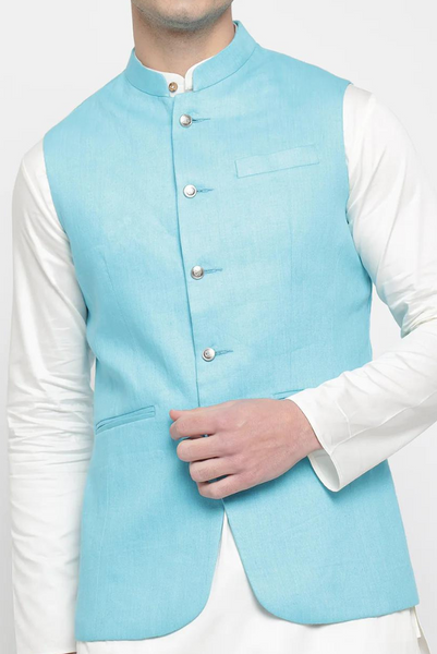 Sky blue 2025 waistcoat with kurta