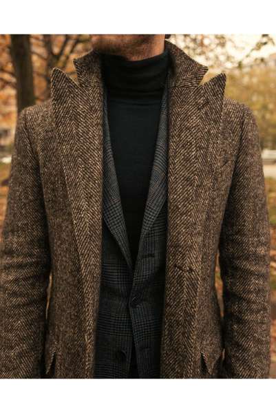 Men Tweed Brown Jacket Over Long Coat Brown Winter outwear sainly