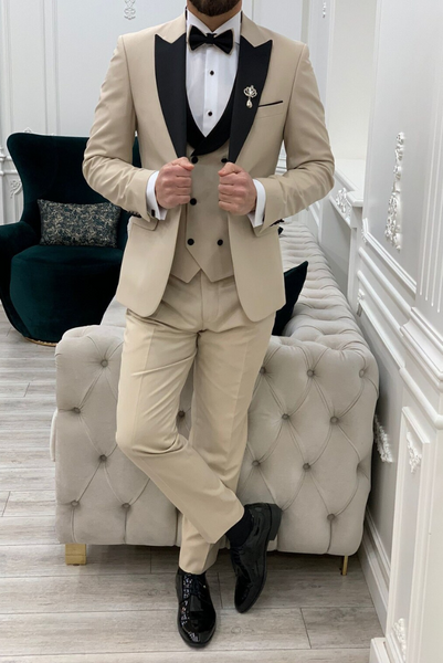Mens Beige Textured Slim Fit Suit – Modern 2 Piece Wedding and Formal Suit Set