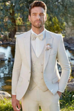 Men's beige linen three-piece wedding suit
