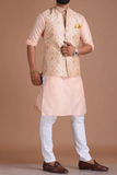 Elegant Banarsi Light Pink Color Designer Half Jodhpuri Jacket with Silk Kurta Pajama Set | Fee Personalisation | Festivals Family Function