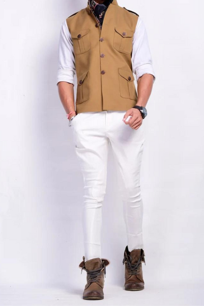 Khaki Brown Half Jodhpuri Jacket Stylish For Pocket Jackets