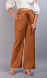 SAINLY Apparel & Accessories Brown Cotton Linen Wide Leg Trousers For Women