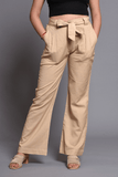 SAINLY Apparel & Accessories Cream Colour Cotton Linen Wide Leg Trousers For Women