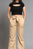 SAINLY Apparel & Accessories Cream Colour Cotton Linen Wide Leg Trousers For Women