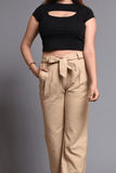 SAINLY Apparel & Accessories Cream Colour Cotton Linen Wide Leg Trousers For Women