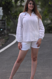 SAINLY Shirts & Tops Women Cotton White Shirt, Crochet Lace Eyelet White Long Sleeve Blouse For Women & Girl