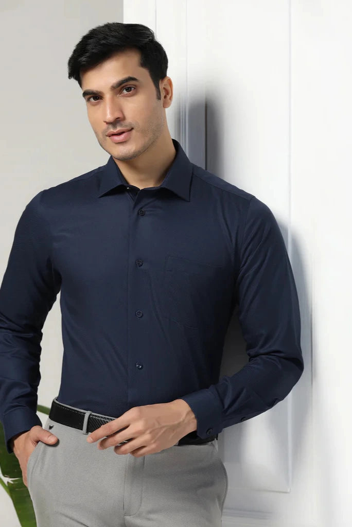 navy dress shirt Men Office Outfit Navy Blue Shirt with Grey Pants By Sainly 3XL