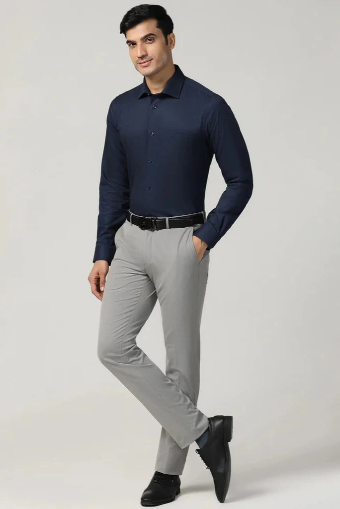 Men Office Outfit Navy Blue Shirt with Grey Pants By Sainly
