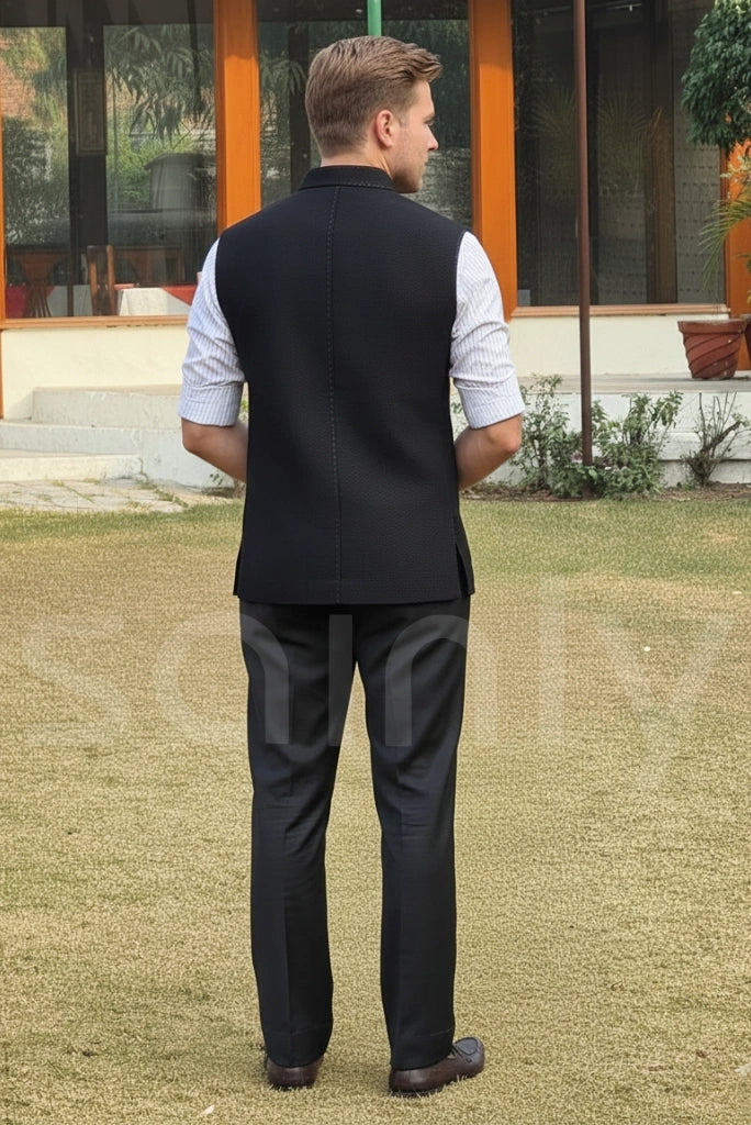 Men’s half jacket styled over a shirt for a modern and elegant look