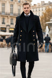 Double-Breasted Black Tweed Long Trench Coat