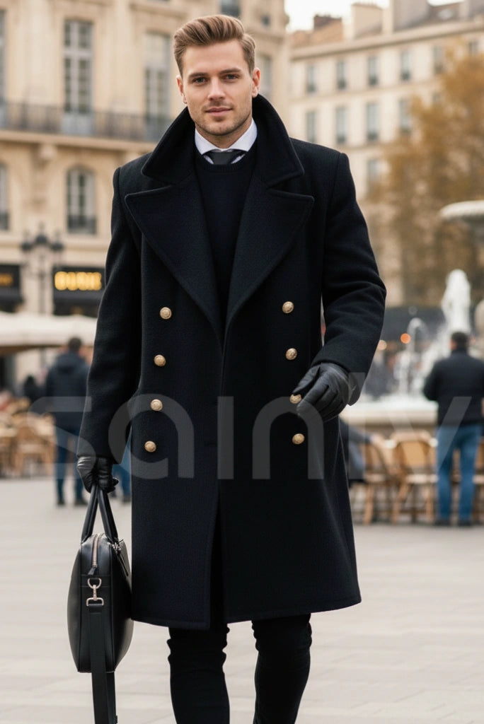 Men’s Black Vintage Tweed Overcoat Front