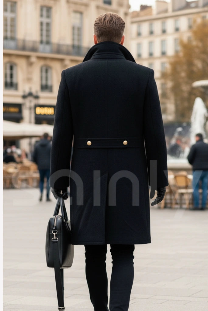 Vintage Black Tweed Trench Coat for Men(Back)