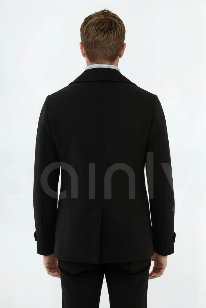 Stylish black tweed double-breasted men’s overcoat