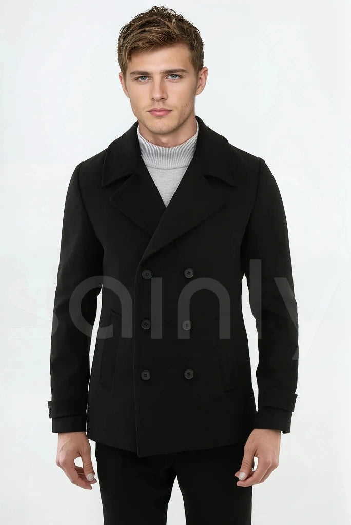 Men’s black tweed double-breasted peacoat for winte