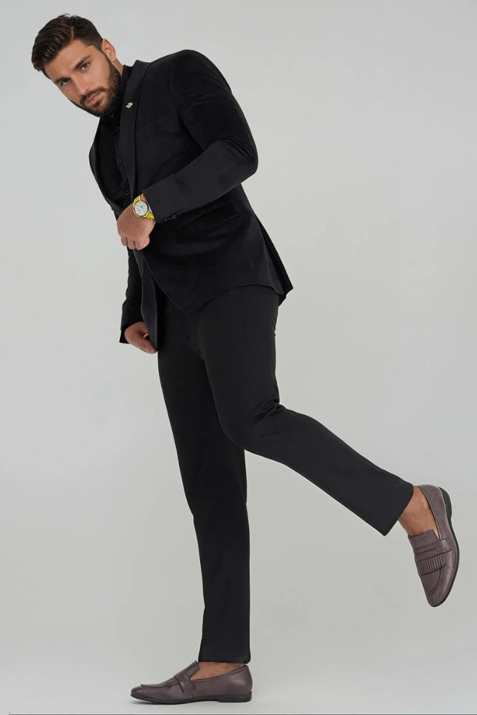 open lace back dress Men Two Piece Black Suede Velvet Stylish Suit Dinner Night Party Suit 40 / 34