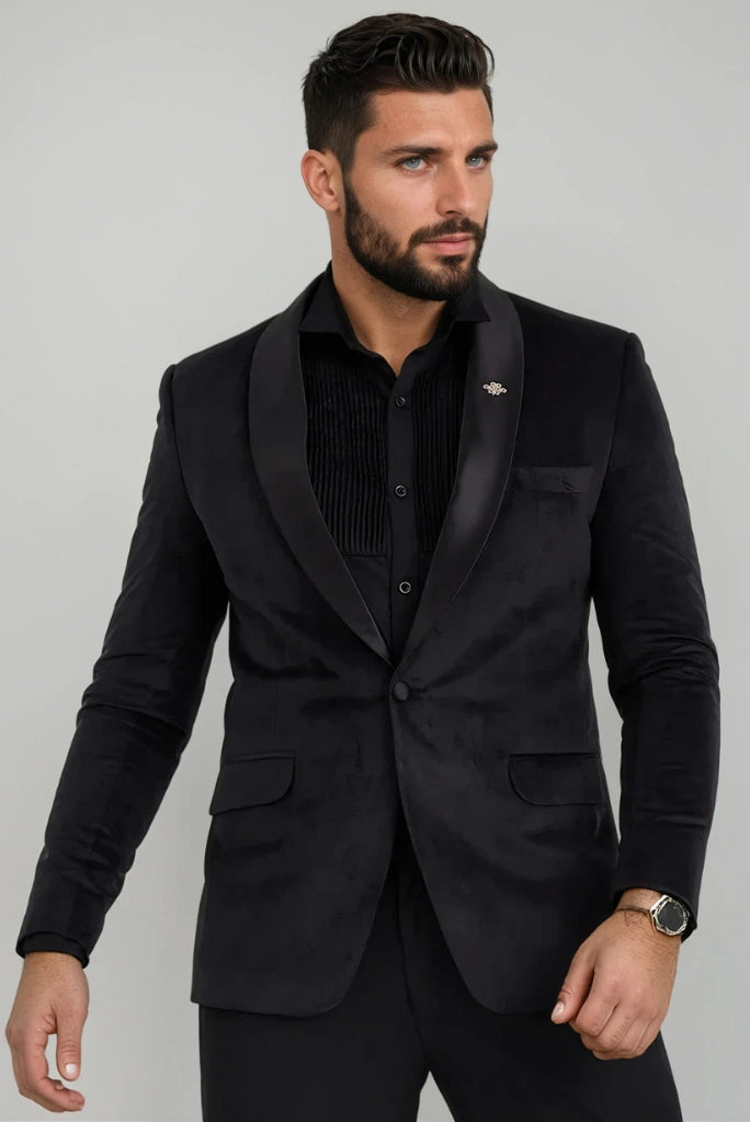 Men Two Piece Black Suede Velvet Stylish Suit Dinner Night Party Suit 40 / 34