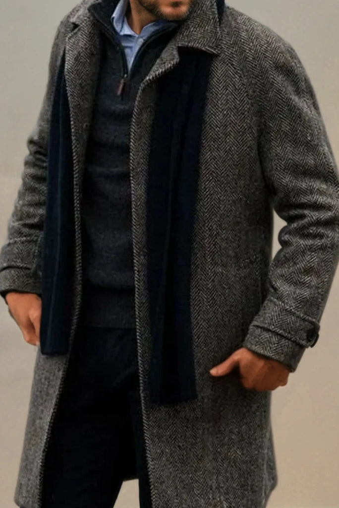 【Mode】Herringbone tweed over long coat Herringbone Tweed Long Coat Winter Trench Coat Woolen Long Jacket