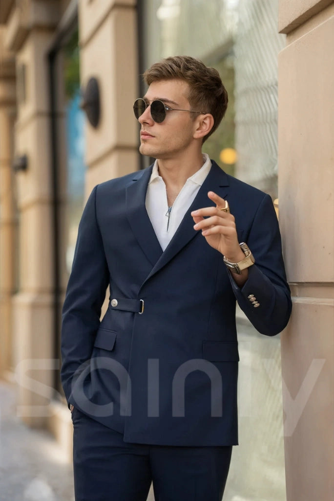 Designer Belted Suit Men Navy Two Piece Suit Formal Wedding Suit 48 / 48