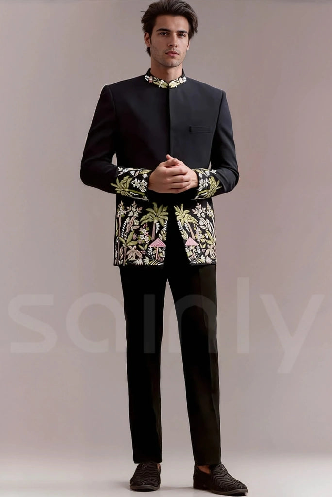Men's Navy Blue Jodhpuri Suit With Floral Embroidery For Wedding