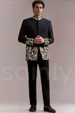 Men's Navy Blue Jodhpuri Suit With Floral Embroidery For Wedding