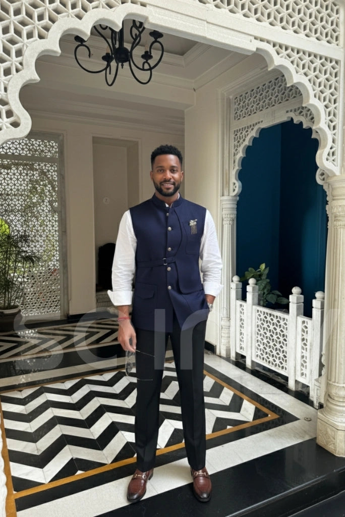 Navy Blue Men’s Nehru Jacket – Traditional Wedding Outfit