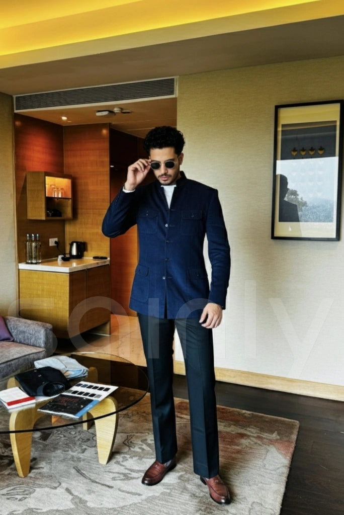 Men Velvet Party Wear Coat Stylish Navy Blue Bushcoat Design Custom Men Velvet Party Wear Coat Stylish Navy Blue Bushcoat Design Custom
