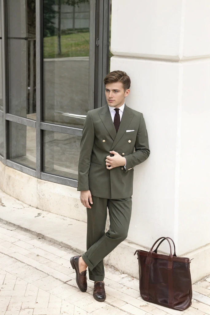 Men Olive Green 2 Piece Suit Wedding Formal Fashion Wear Slim Fit Suits Sainly 48 / 48 Men Olive Green 2 Piece Suit Wedding Formal Fashion Wear Slim Fit Suits Sainly 48 / 48