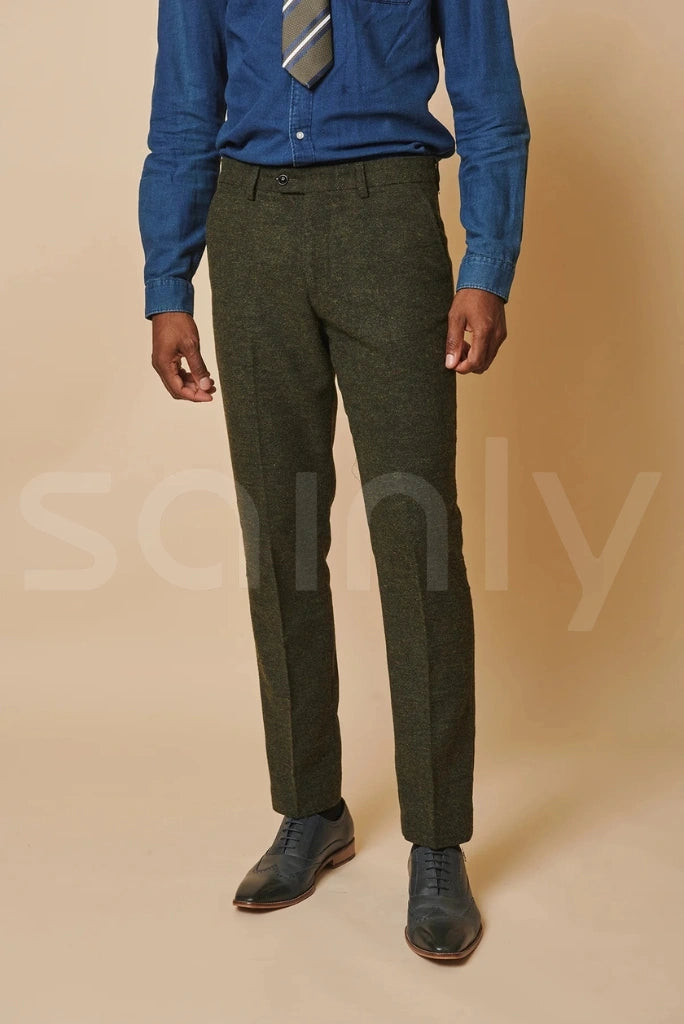 Olive green tweed men’s winter trousers, perfect for office and casual outings