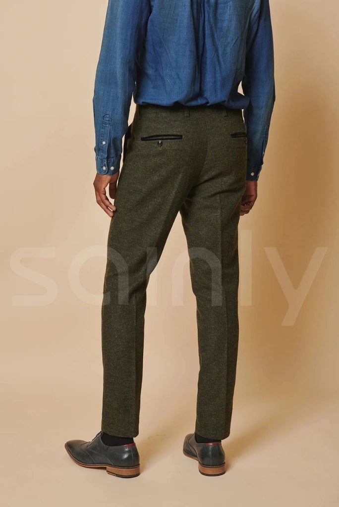 Warm olive green tweed pant for men, ideal for work, casual and dinner wear