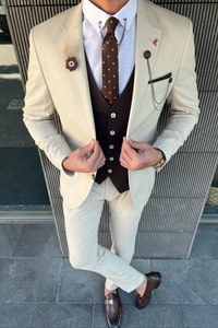 Men Suits Cream 3 Piece Slim Fit Two Button Wedding Groom Sainly