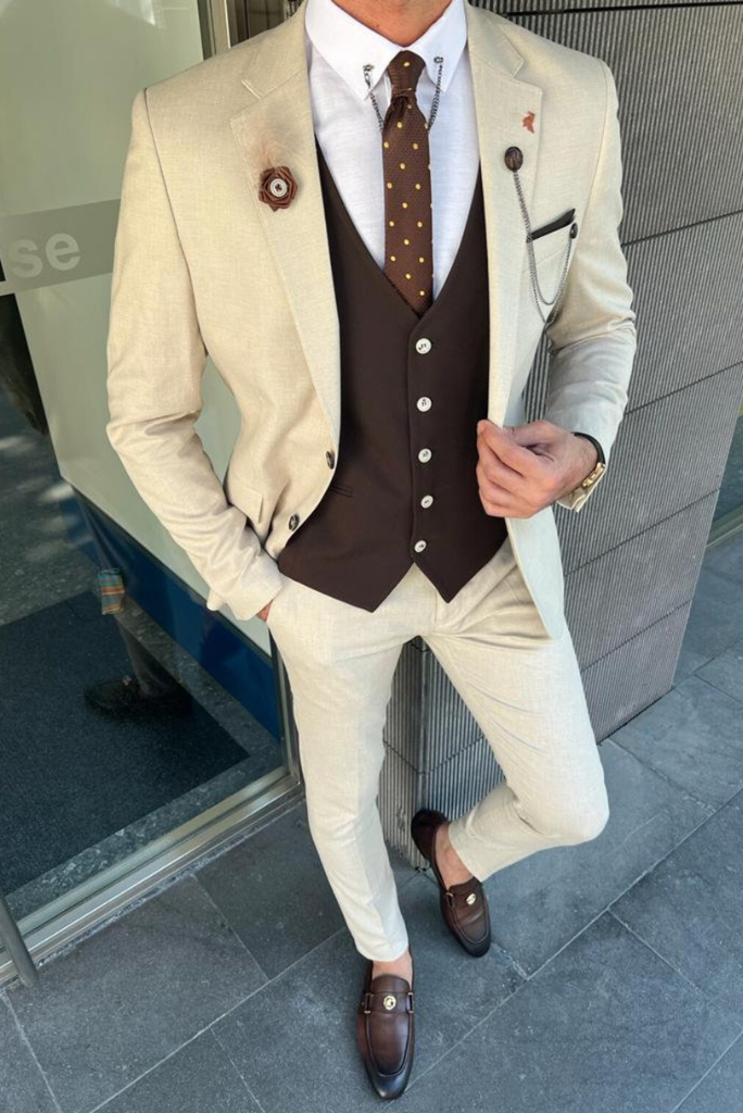 Men Suits Beige 3 Piece Slim Fit Two Button Wedding Groom Sainly