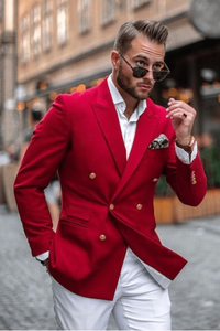 Men's Double Breasted Red Suit With White Pant Elegant Two Piece Suit Wedding Dinner Suit Formal Party Wear Suit Bespoke