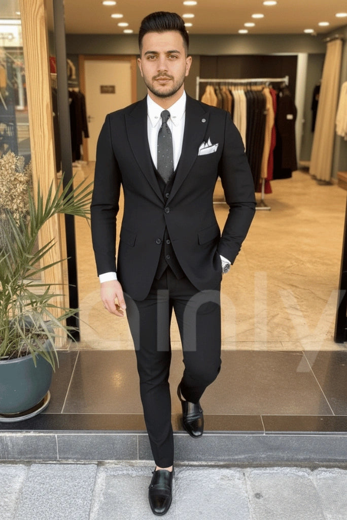 Men’s Black Three-Piece Suit Front