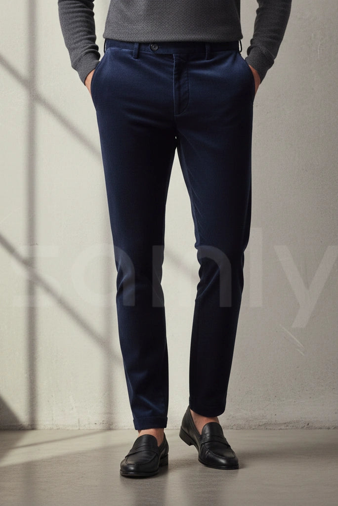 Mens Navy Blue Velvet Trouser | Formal Wedding and Party Wear Pants 32
