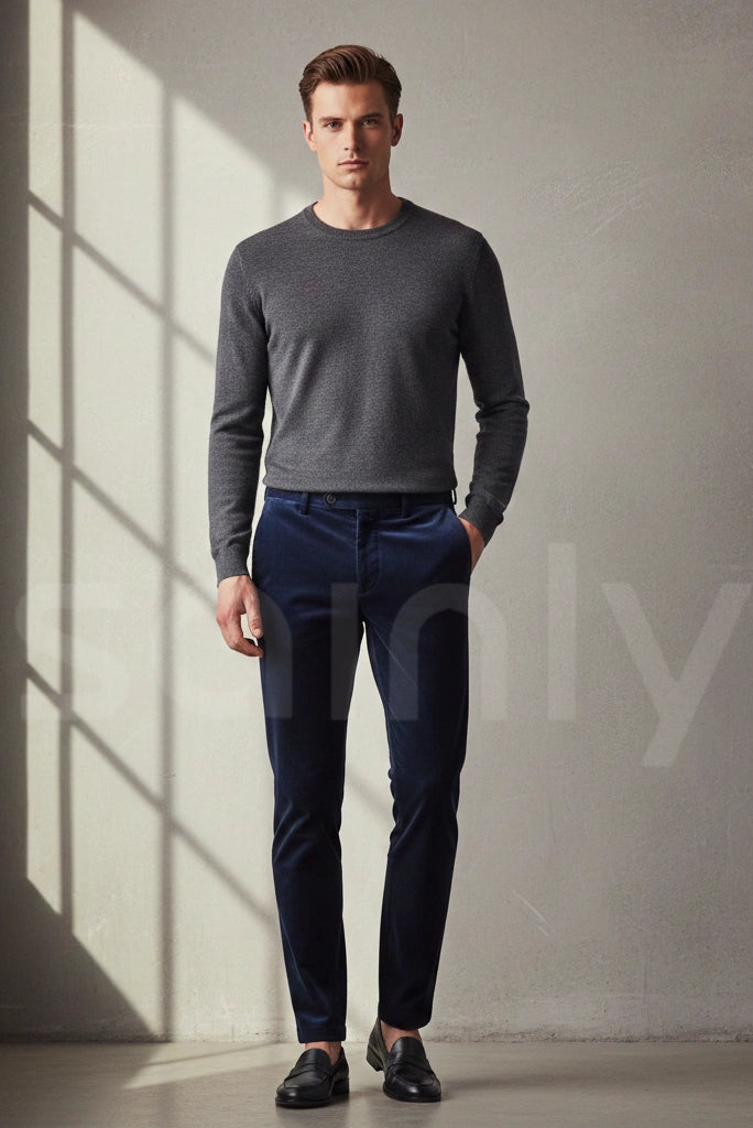 Men’s Navy Blue Velvet Trouser Formal Wedding Pants (Full Front)