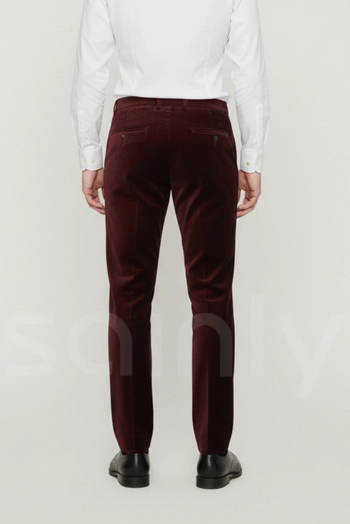 Men’s Wine Velvet Pants Formal Office and Party Bottoms (Back)
