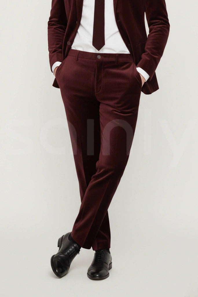 Men’s Wine Velvet Pants Office and Wedding Party Wear (Front )