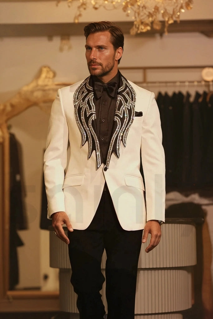 Men’s off white two-piece embroidered tuxedo suit with black pants, perfect for weddings and formal events